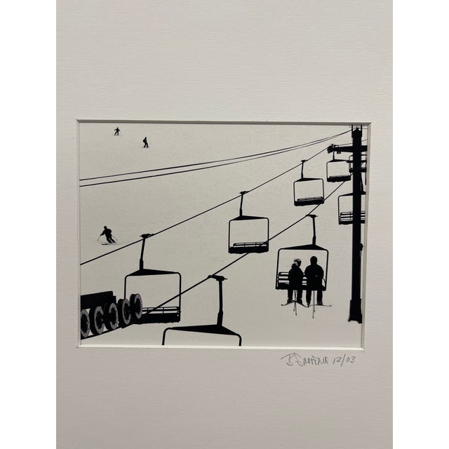 Drawing/Sketching Materials Black and White Ski Lift Signed and Dated 2003 Minimalist Winter Scene Matted Print For Sale - Image 7 of 8