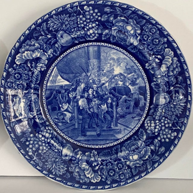 Staffordshire Antique Blue and White Plate "Don't Give Up the Ship" Made in England 1895-1910 For Sale - Image 4 of 4