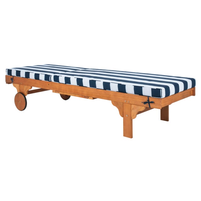 Newport Chaise Lounge Chair with Side Table, Natural/Blue Stripe Cushion For Sale - Image 4 of 10