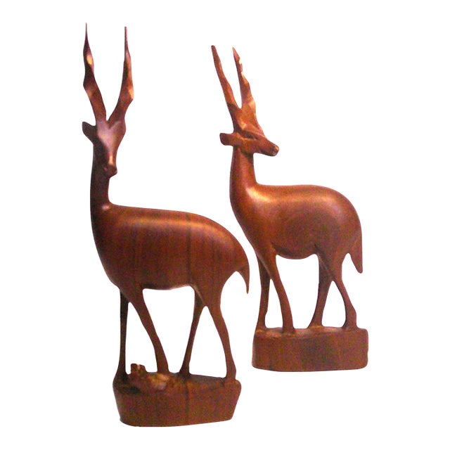 Mid-20th Century Kamba Wood Carving Pair Standing Gazelle/Antelope Figurines VTG / 2 For Sale