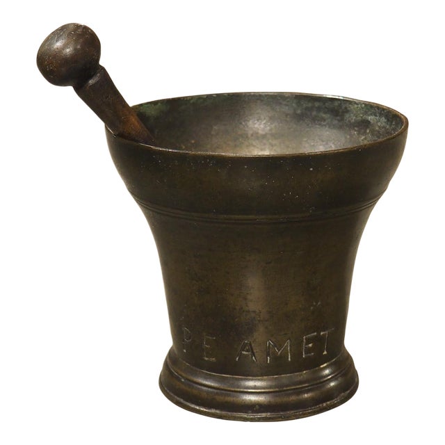 18th Century Bell Shaped French Bronze Mortar With Pestle, Inscribed Pe Amet For Sale