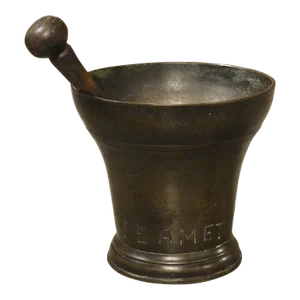 18th Century Bell Shaped French Bronze Mortar With Pestle, Inscribed Pe Amet