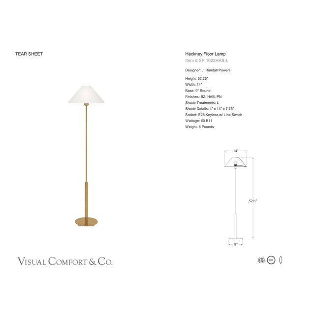 J. Randall Powers by Visual Comfort Signature Hackney Floor Lamp in Hand-Rubbed Antique Brass with Linen Shade Designer:...