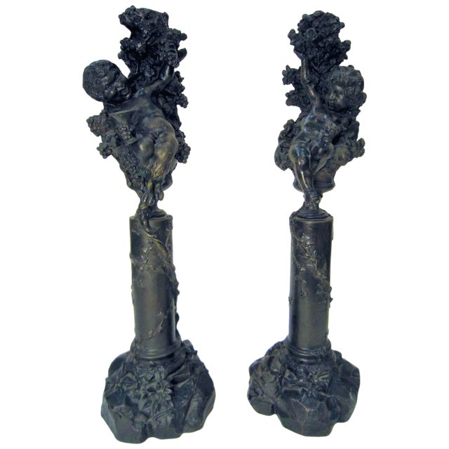 Italian Bronze Cherub/ Putti Candlesticks - a Pair For Sale