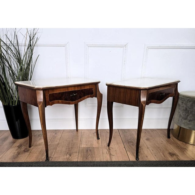 Mid-Century Modern Italian Wooden Nightstands from Marble Top, 1950s, Set of 2 For Sale - Image 9 of 11