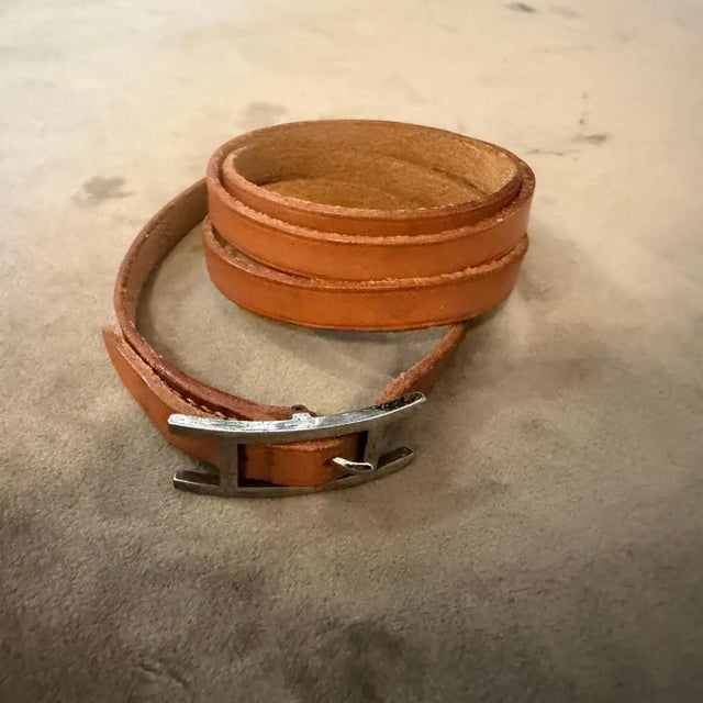 1991 Triple Wrap Brown Leather Silver Tone Bracelet by Hermes For Sale - Image 6 of 11