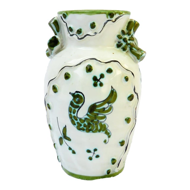 Mediterranean Bird Motif Green, Blue & White Pottery Vase, Signed For Sale