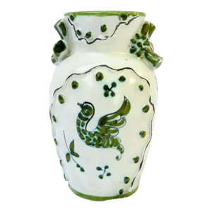 Mediterranean Bird Motif Green, Blue & White Pottery Vase, Signed