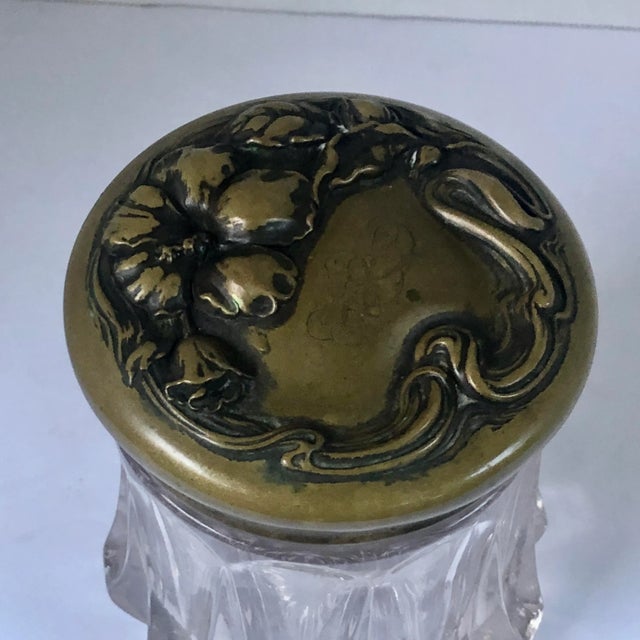 Antique Art Nouveau Heavy Glass Ornate Floral Brass Lid Humidor Jar For Sale - Image 11 of 12