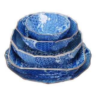 Mid 20th Century Japanese Minoyaki Nejiri Shouzui Sometsuke Arabesque Porcelain Serving Dishes - 5pcs For Sale