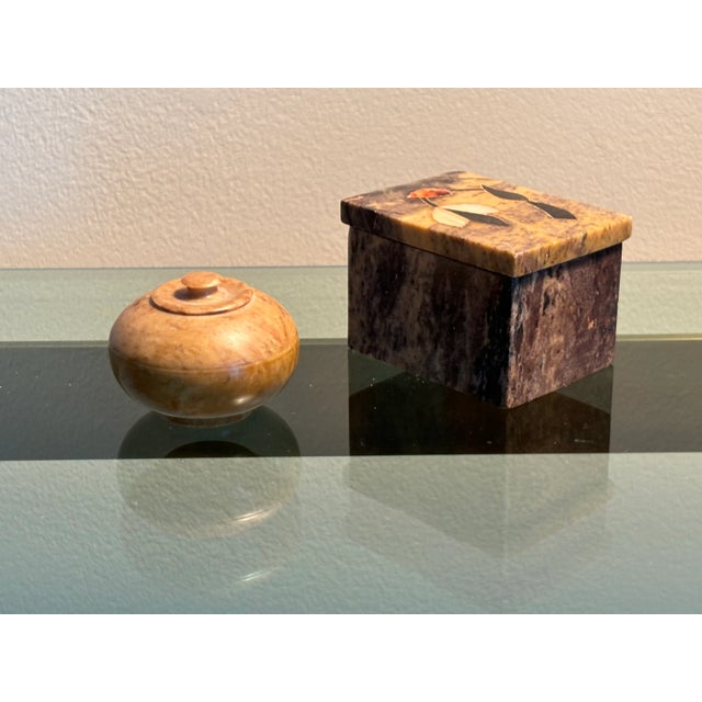 Late 20th Century Late 20th Century Vintage Soapstone Trinket Boxes With Lids with Mother-Of-Pearl Inlay- a Pair For Sale - Image 5 of 5