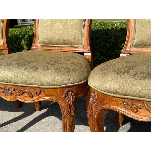 French Provincial Century Furniture French Provincial Carved Wood Dining Chairs With Olive Damask Upholstery, Set of 6 For Sale - Image 3 of 12