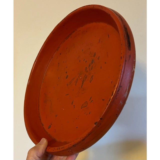 19th Century Antique 19th Century Chinese Scarlet Red Lacquer Carved Wood Footed Round Plateau Tray or Low Bowl For Sale - Image 5 of 9
