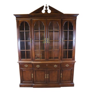 1987 Drexel Heritage Cherry Open Pediment Illuminated China Display Cabinet 92" For Sale