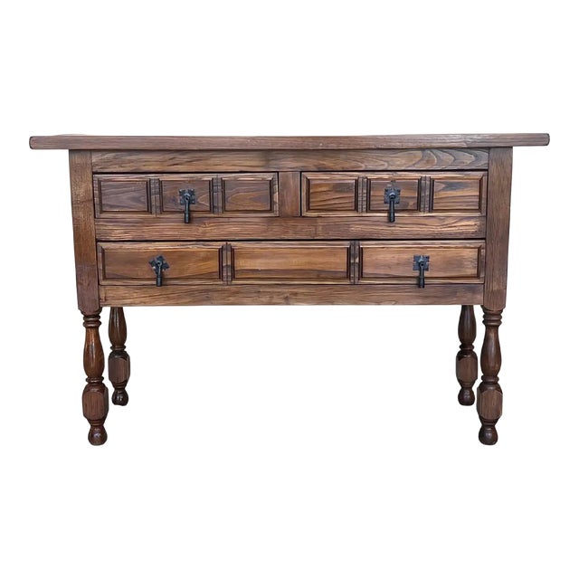 19th Century Catalan Spanish Carved Walnut Console Sofa Table, Four Drawers For Sale