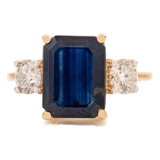3.35 Ct Emerald Cut Royal Sapphire & Diamond Trilogy Ring Size 6 in 14k Gold For Sale