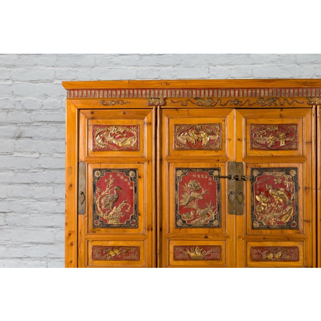 Asian 19th Century Large Chinese Qing Dynasty 19th Century Cabinet with Hand-Carved and Gilt Panels For Sale - Image 3 of 12