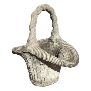Vintage Woven Basket With Handle Cast Concrete Stone Large Garden Planter Pot For Sale