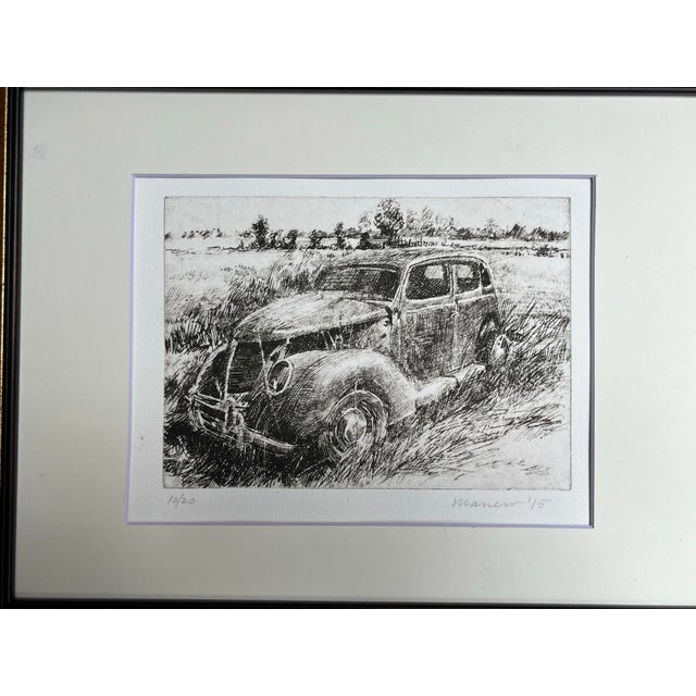 This is an original signed etching by artist Onelio Marrero. It features a vintage car in a field using a cross hatch...