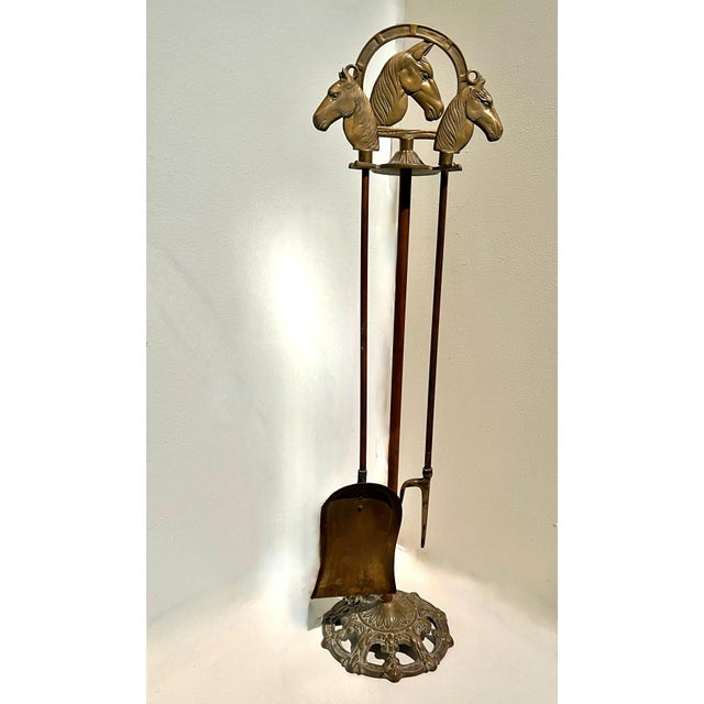 Solid Brass Fireplace Tools with Horse Head Handles & Stand - Set of 3 For Sale In Los Angeles - Image 6 of 12