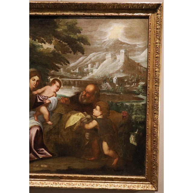 17th Century School of Titian, The Holy Family with the Infant Saint John the Baptist, 17th Century, Oil Painting on Canvas, Framed For Sale - Image 5 of 15