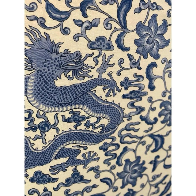 Offered is a heavy solid wood headboard upholstered in a timeless chinoiserie blue and white print with contrast solid...