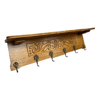 Vintage French Carved Oak Wall Mounted Six Hooks For Sale