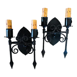 Pair Wrought Iron, Tooled and Banded, Spanish Wall Sconces, Circa 1920
