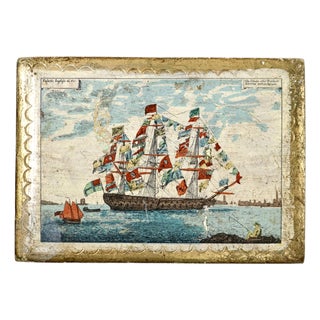 Early 20th Century Florentia King's Ship Dressed With Flags of Different Nations Decoupage Gilded Wooden Box For Sale