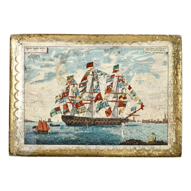 Early 20th Century Florentia King's Ship Dressed With Flags of Different Nations Decoupage Gilded Wooden Box For Sale