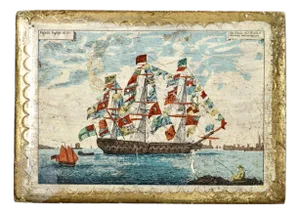 Early 20th Century Florentia King's Ship Dressed With Flags of Different Nations Decoupage Gilded Wooden Box