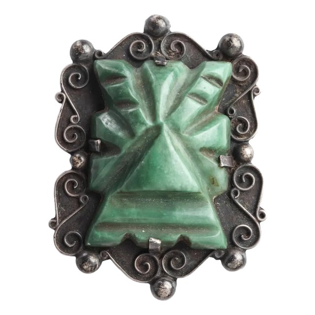 Vintage Silver & Carved Green Agate Brooch For Sale