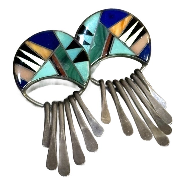 Calvin Begay Navajo Sterling Silver Turquoise/Semiprecious Disc Earrings For Sale