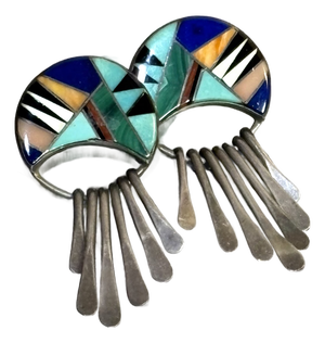 Calvin Begay Navajo Sterling Silver Turquoise/Semiprecious Disc Earrings
