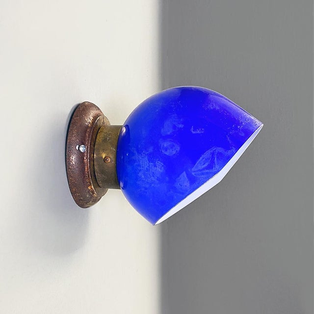 Blue Italian Blue and White Glass & Sheet Metal Wall Light, 1930s, Set of 3 For Sale - Image 8 of 15