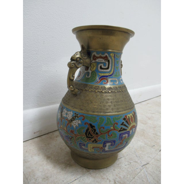 Vintage brass cloisonne Asian inspired vase urn great shape. Tight and sturdy. Minor wear. Please see photos as they are...