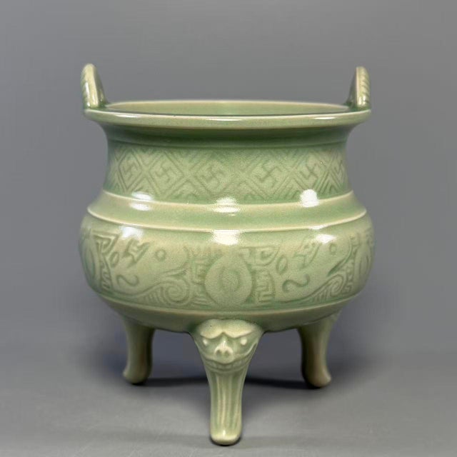 Vintage Chinese Longquan Celadon Porcelain Incense Burner | One of a Kind, Carved‑Pattern Double Handles For Sale - Image 4 of 7