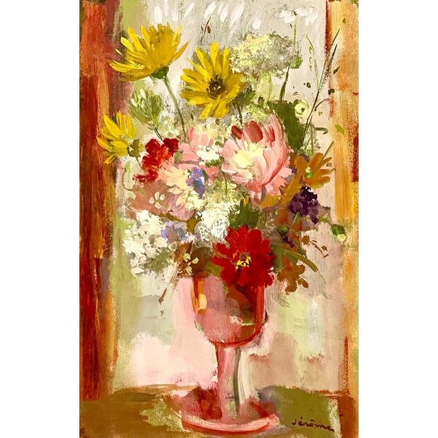 Post Impressionist Pierre Jerome, Vibrant Floral Oil Painting Vase of Spring Flowers Pierre Jerome Ecole De Paris, c.1950's For Sale - Image 3 of 7