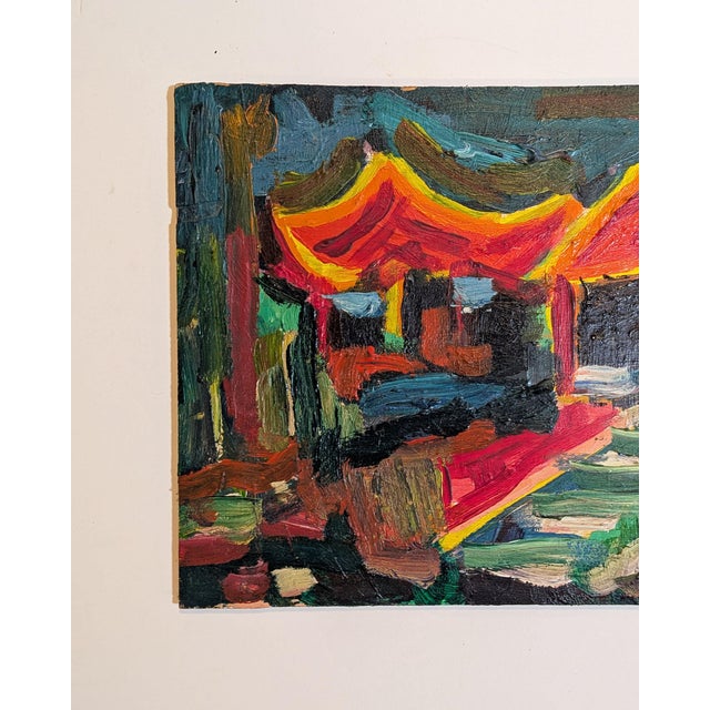 Striking vintage mid-century expressionist landscape painting on a wood board panel, measuring 13.5" × 7.75". Rendered in...