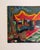 Striking vintage mid-century expressionist landscape painting on a wood board panel, measuring 13.5" × 7.75". Rendered in...