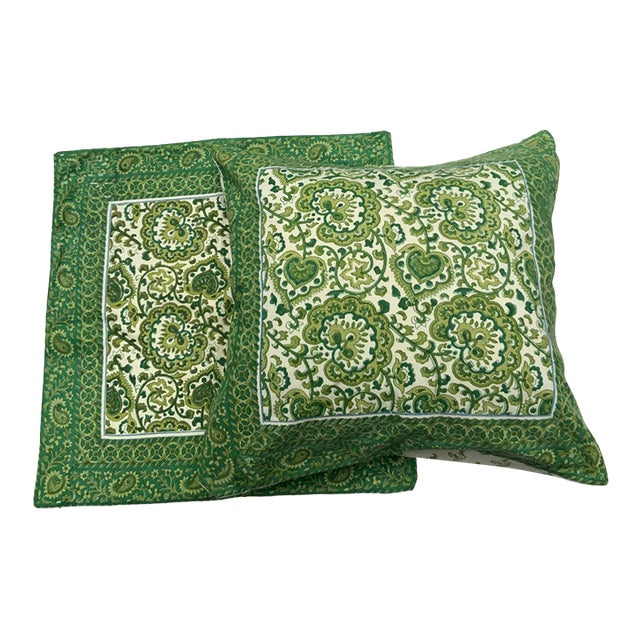 Pair Vintage French Block Print Cotton Pillow Covers, Green Floral Paisley, Paris For Sale