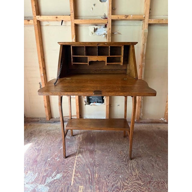 Farmhouse Antique Rococo Style Oak Drop Front Writing Desk For Sale - Image 3 of 18
