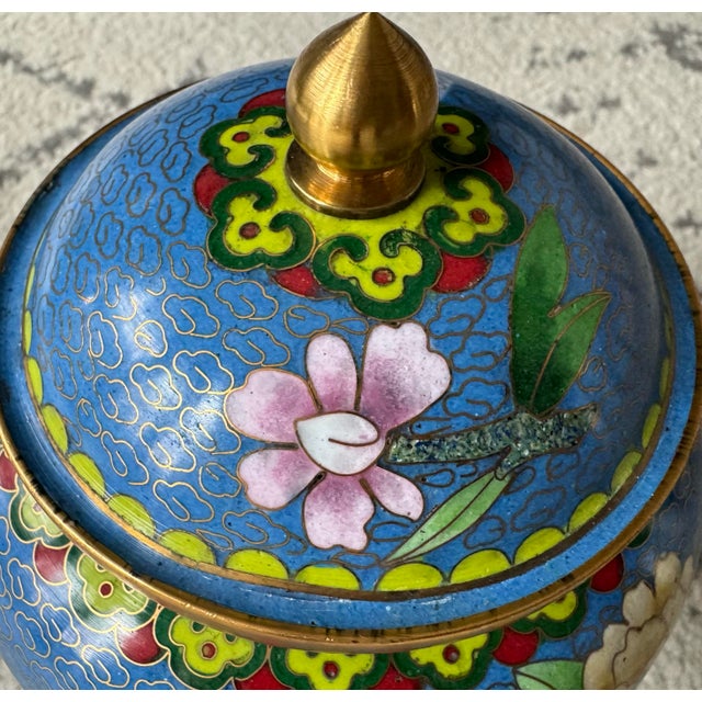 Metal Vintage 1980s Chinese Cloisonné Peony Ginger Jar - 7" For Sale - Image 7 of 11