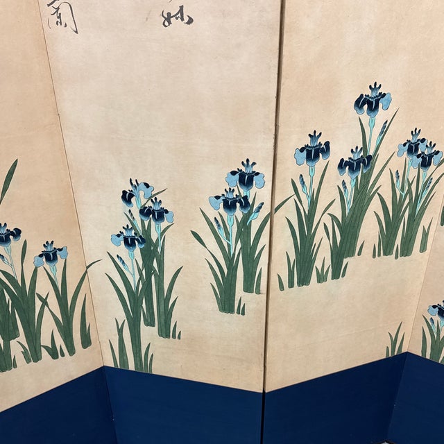 Asian Antique Silk Dupion Folding Screen With Hand Painted Irises For Sale - Image 3 of 13