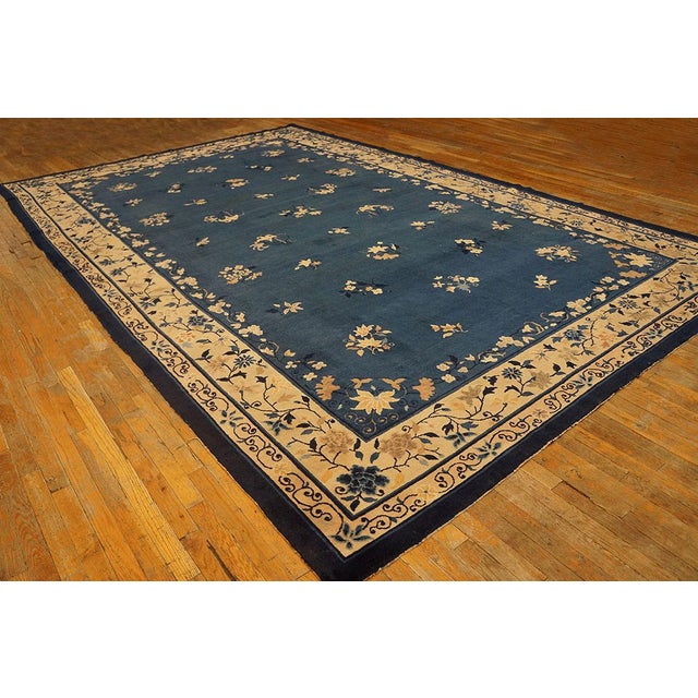 Chinese 1900s Blue Traditional Floral Deco Antique Peking Chinese Knotted Wool Rug For Sale - Image 3 of 10