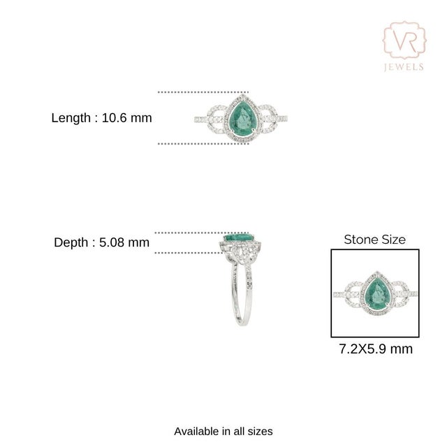 Art Deco Pear Emerald & Diamond Halo Engagement Ring in 14k White Gold Size 4 For Sale - Image 12 of 16
