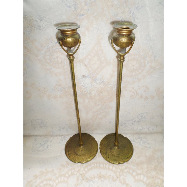 Antique Tiffany Studios Bronze Candlesticks With Gold Gilt - a Pair For Sale - Image 13 of 13