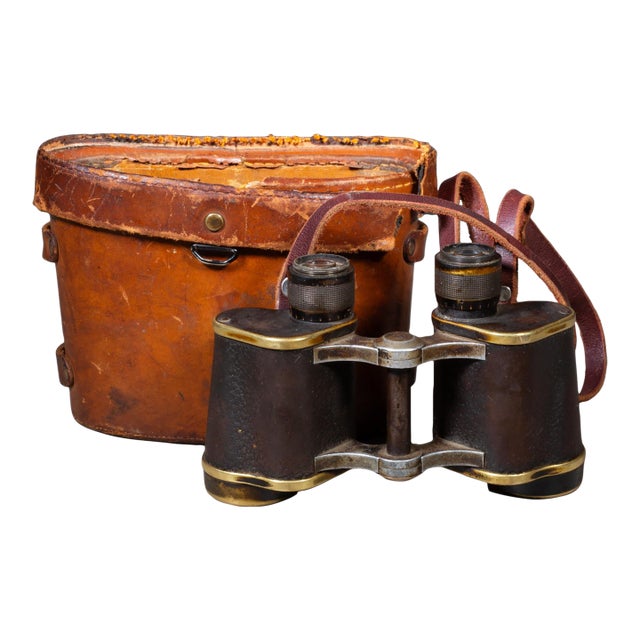 Antique Leather Wrapped German Binoculars and Case c.1921 For Sale