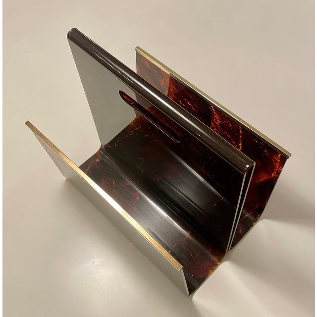 Hollywood Regency Faux Tortoise Acrylic Glass and Brass Magazine Rack from Maison Mercier, France, 1970s For Sale - Image 3 of 10