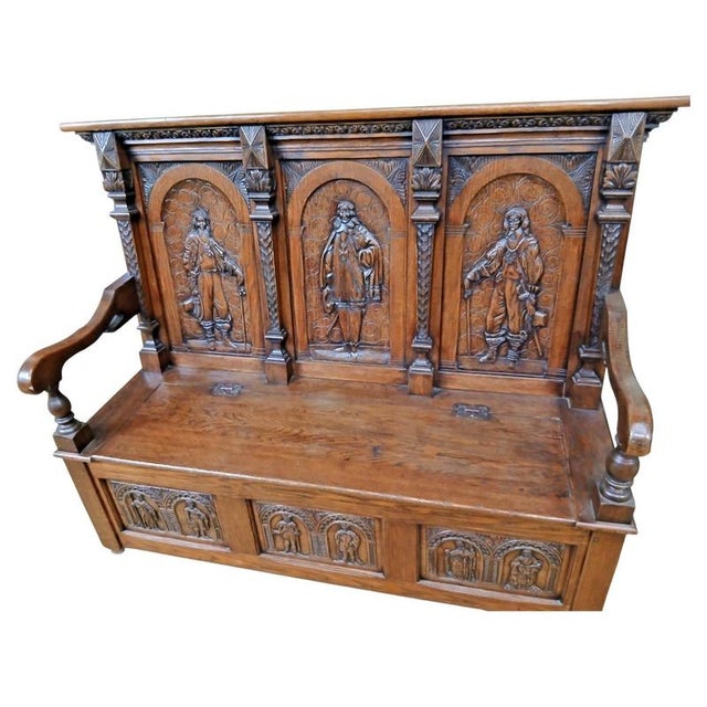 Antique 19th Century Victorian Carved Oak Settle For Sale - Image 11 of 11